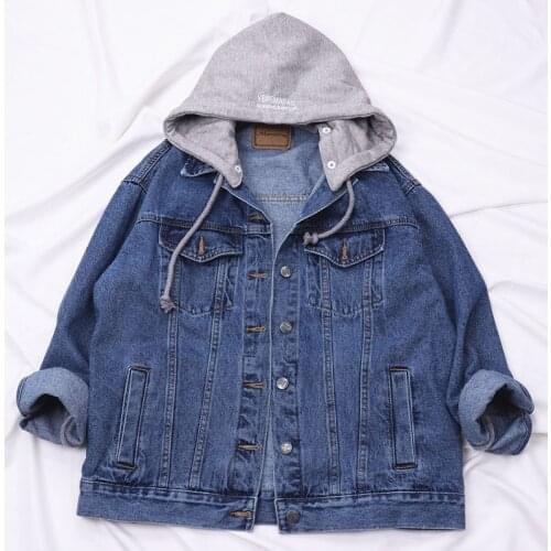 Removable Hooded Vintage Loose Oversized Women Blue Denim Jacket Spring Plus size Casual Harajuku Jeans Jacket Female Basic Coat