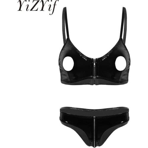 Women Erotic Lingerie Set Sexy Wet Look Patent Leather Bra And Panty Set Ladies Sexy Underwear Set Erotic Nightwear Sleepwear