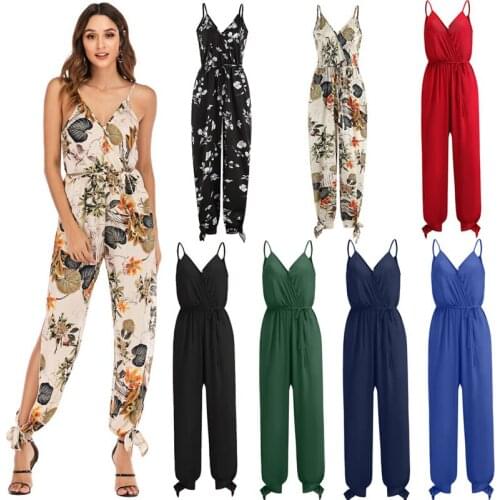 Leosoxs 2021 Summer New Womens Fashion Sexy Backless Lace Up Deep V Neck Print Spaghetti Straps Sleeveless Empire Jumpsuit Lady