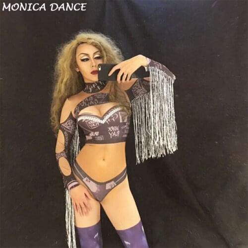 White Tassel Black 3D Printing Sexy Jumpsuit Bling Women Bodysuit Nightclub Birthday Party Performance Stage Wear Costume