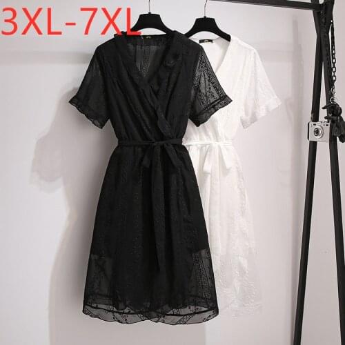 New 2021 Ladies Summer Plus Size Dress For Women Large Short Sleeve Elegant Black Ruffle Belt V-neck Dress 3XL 4XL 5XL 6XL 7XL