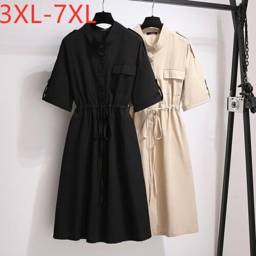 New 2021 Ladies Summer Plus Size Shirt Dress For Women Large Short Sleeve Loose Cotton Black Belt Midi Dress 3XL 4XL 5XL 6XL 7XL