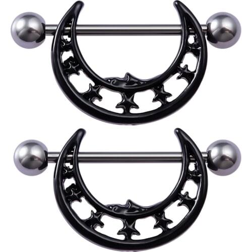 2PCS Moon Nipple Ring Barbell Nipple Piercing Mamilo Sexy for Women Breast Shield Steel Fashion Bubby Piercing Jewelry 14G Black