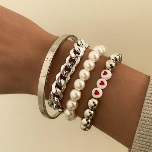 DIEZI Bohemian Multilayer Letters Heart Beads Bracelets Women Fashion Handmade Imitation Pearls Strand Bracelet Bangle Jewelry