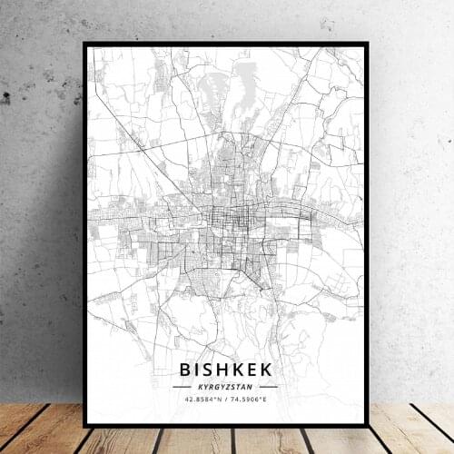Black and White Bishkek Kyrgyzstan Latitude Longitude Canvas Art Map Poster Prints Home Wall Decor Painting frame