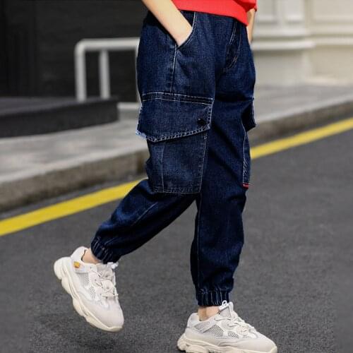 Children Boys Denim Pants Solid Color Multi-Pocket Kids Jeans Trousers Fashion Cargo Pants For Teenage Boys Clothing 5-14 Years