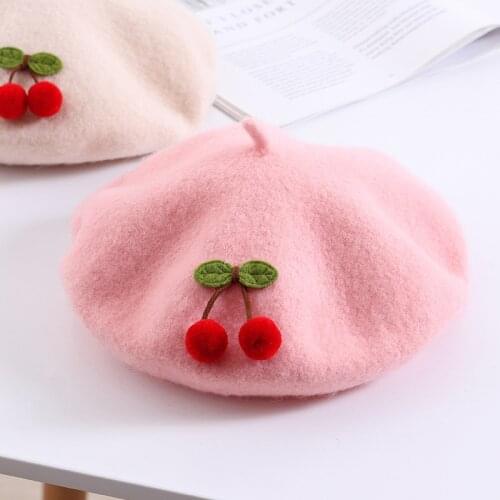 Children Cherry Beret Autumn Winter 48-52CM Warm Girl Pure Color Cute Japanese Style Handmade Fashion High Quality Painter Beret