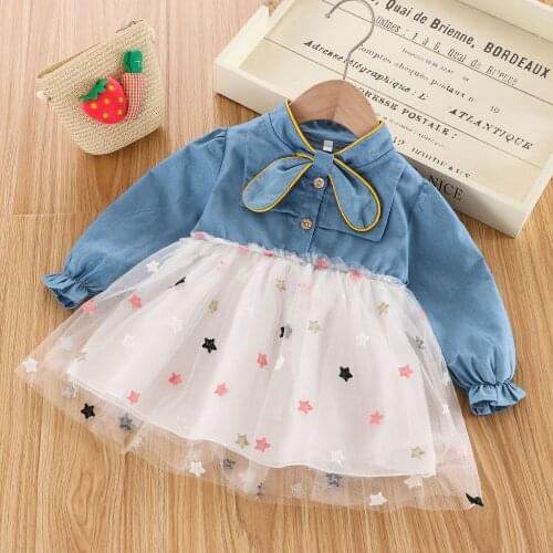 Baby Girls Dress Long Sleeve Summer Fall Newborns Princess Clothing O-neck Bow Star Embroidery Infant Clothes Baby Costume