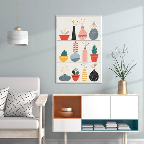 Plants Canvas Painting,Flower Girl Gift,Leaves Poster,Colorful Vase Wall Art Picture,Mid Century Modern Minimalist Home Decor