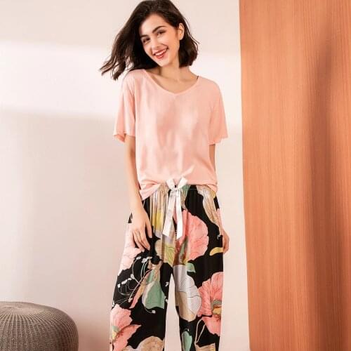 Summer Pajamas Set Women Comfortable Cotton Viscose Contrasting Color Pajamas Short Sleeve Tops with Long Trousers Ladies Pj Set