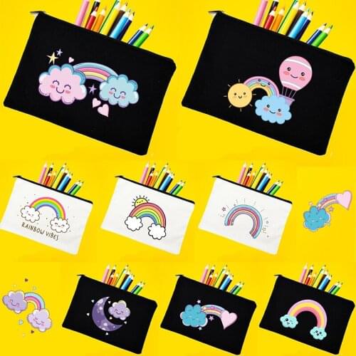Cute Cartoon Rainbow Pen Pencil Case Bag Canvas Student Stationery Storage Bags Travel Cosmetic Organizer Wallet Gifts for Girls