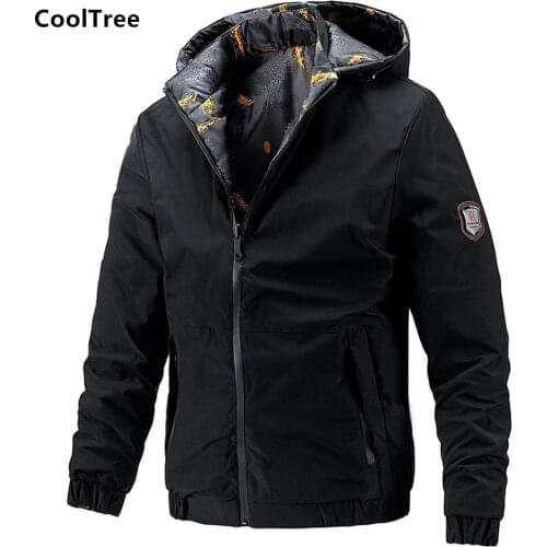 CoolTree Men Casual Jacket Autumn Winter Solid color Thick Warm Wear on both sides Hooded Coats Male Detachable Hat Outerwear