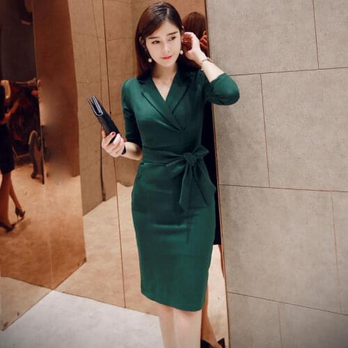 New Womens Work Dress Spring 2021 Fashion OL Style Medium-long Sexy Formal Long-sleeve Solid Color Slim Business Dress Female
