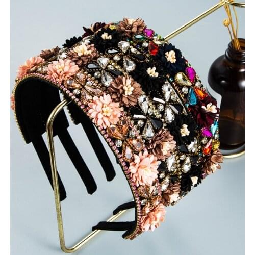Baroque Flower Rhinestone Headband for Women Shiny Full Crystal Handmade Thin-edged Vintage Palace Style Hair Hoop Hair Ornament