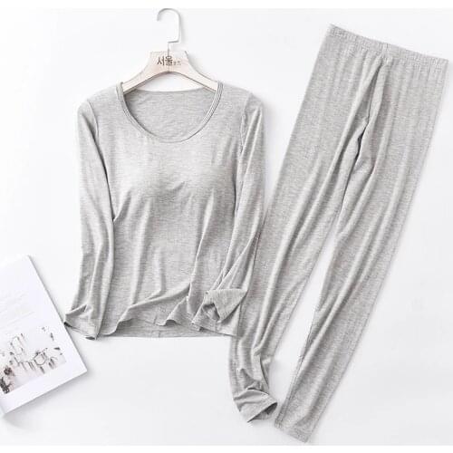 Autumn Winter Modal Pajamas Sets Women Padded Top Long Sleeve O-neck T-Shirt All Match Tee Long Johns Bra-T Homewear