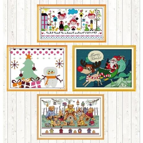 Happy Family Christmas Cross Stitch Kits DIY Needlework Crafts Cotton Thread Embroidery Needlework Sets Patterns Kits Home Decor