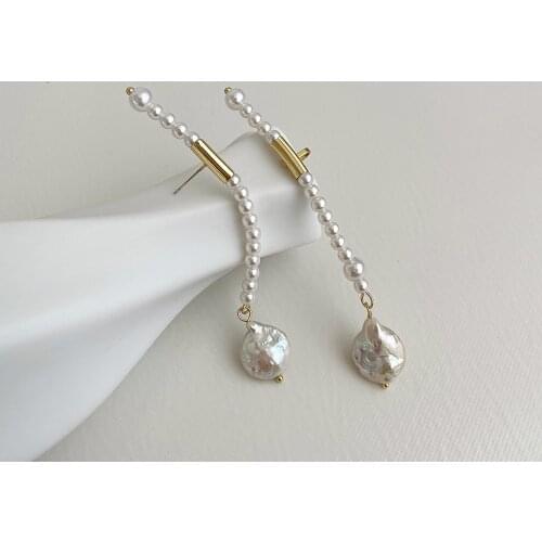 SRCOI Tiny Faux Pearl Decor Long Drop Earrings For Women Party Irregular Flat Freshwater Pearl Weddings Earrings Fashion Jewelry