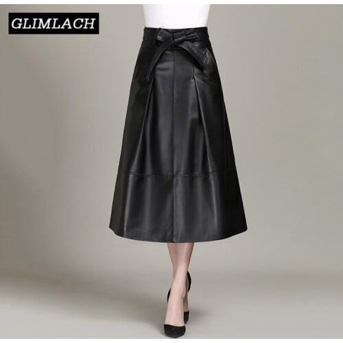 Women Luxury Sheepskin Mid Long A-Line Real Leather Skirt Elegant Female Genuine Leather Skirt With Bow Belt Plus Size 3XL Skirt