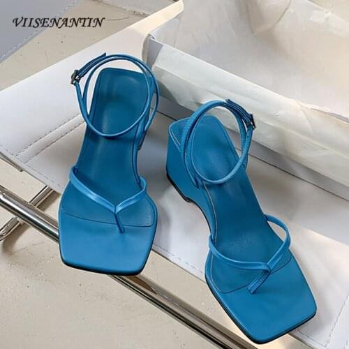 Wedge high heels 2021 summer new stiletto flip-flops French retro Roman sandals womens shoes black red blue