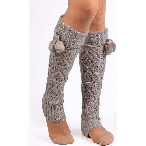 Women Knitted Leg Warmers Rhombus Pattern Footless Knee High Boot Socks with Fur Ball