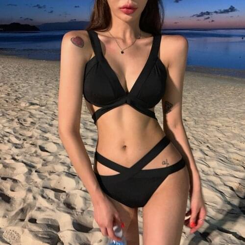 Bella Philosophy Swimsuit Sexy Bikini New Summer Pure Black Women High Waist Solid Wire Free Fits Swim suit