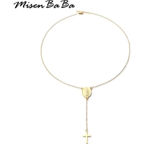 Stainless Steel Cross Virgin Pendant Necklace For Woman Men Cross Choker Collar Catholic Church Jewelry