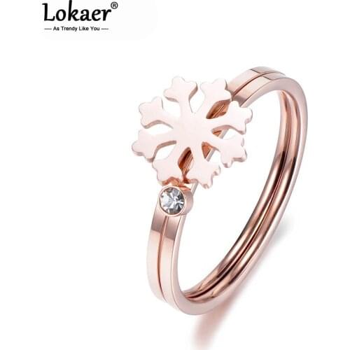 Lokaer Fashion Rose Gold Snowflake & Cubic Zirconia Crystal Rings Set For Women Stainless Steel Wedding Ring Jewelry R18007