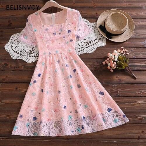 Summer Mori Girl Dresses For Women Square Collar Butterfly Printed Lace Ruffles Elegant Vestidos Princess Sweet Fairy Dress