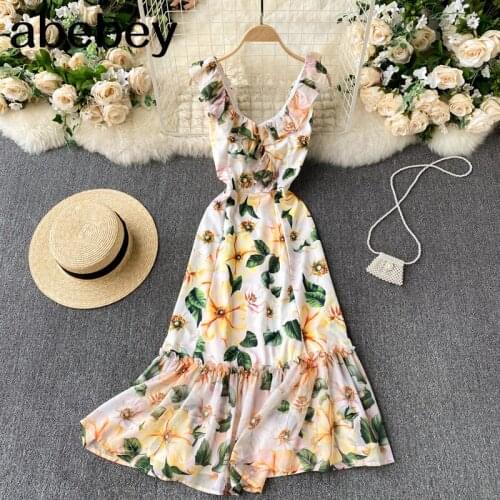 Women French Flower Tank Dress V Neck Sleeveless A-line Ruffles Dress Summer Sexy Off Shoulder Casual Beach Midi Dress