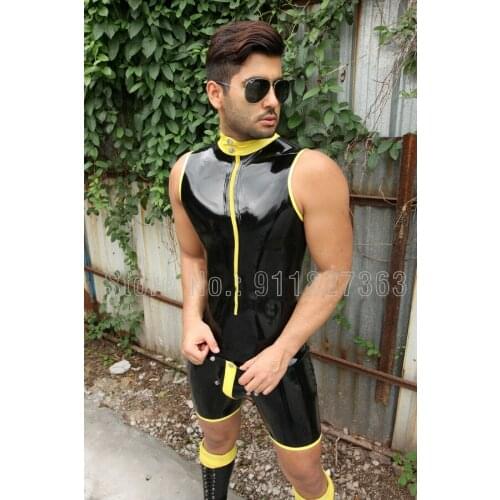 100% Natural Latex Catsuit Black w Yellow Trim Sleeveless Short Rubber Latex Outfit with Cod Piece Fashion Bodysuit w Front Zip