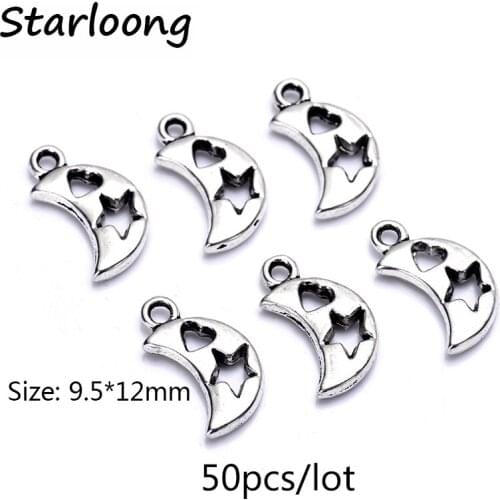 50pcs/lot zinc alloy antique vintage silver plated heart star with moon charm pendants for Bracelet Necklace DIY Jewelry Making