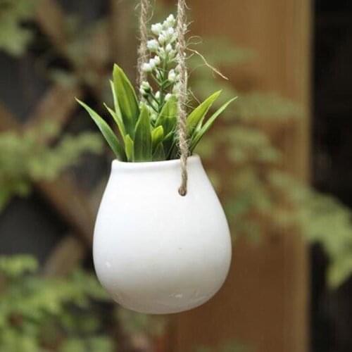 1PC White Plant Vase with Twine Haning Desktop Flower Pot Holder Home Garden Balcony Ceramic Hanging Planter (Excluding plants)