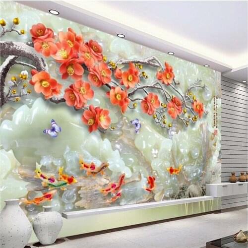 Beibehang Large wallpaper murals photo custom any size 3D Plum fish creative Chinese three-dimensional jade TV background wall
