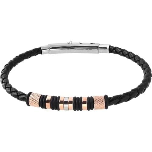 Runda Fashion MenS Black Leather Bracelet Hand-Woven With Rose Gold Stainless Steel Ring For Boyfriend Jewelry