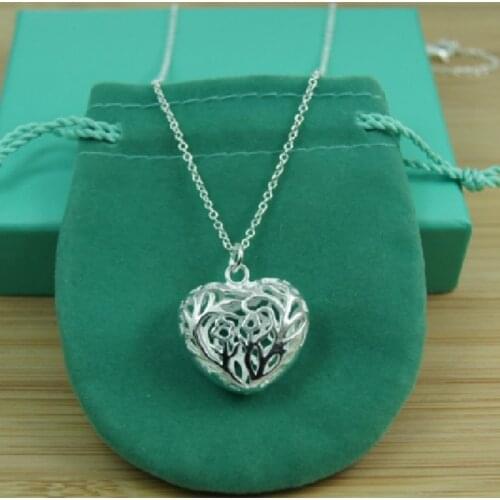 925 Silver Hollow Heart Pendant Necklace For Women Chain Wedding Party Jewelry Christmas Gift