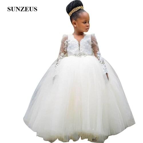 Long Sleeves Flower Girl Dresses For Weddings Ball Gown V-neck Floor Length Ivory Tulle Children Party Gowns Pageant Dresses
