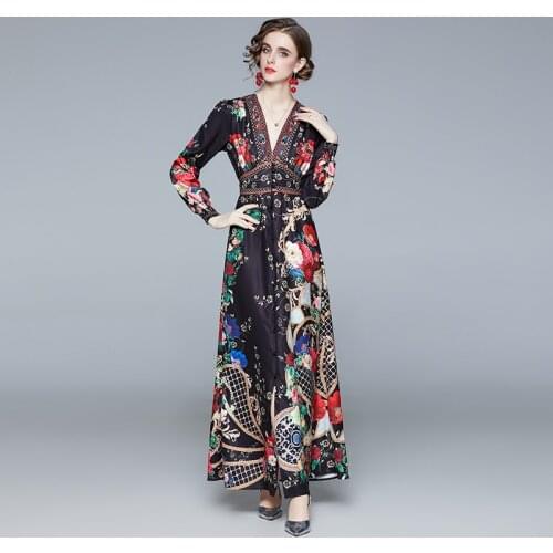 Elegant Vacation Style Princess Long Dress Fashion Print Long Sleeve Large Swing Maxi Dress Ankle-Length V-Neck Vestido Feminino