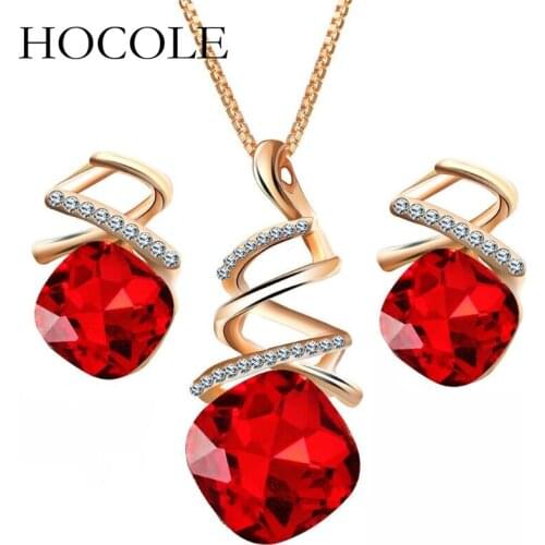 HOCOLE Elegant Red/Blue/Purple Crystal Jewelry Sets Gold Color Geometric Pendant Necklace & Earring Bridal Wedding Set Accessory