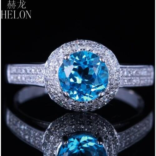 HELON Sterling Silver 925 Round Cut 6.5mm 100% Genuine Natural Blue Topaz & Diamonds Engagement Wedding Women Fine Jewelry Ring