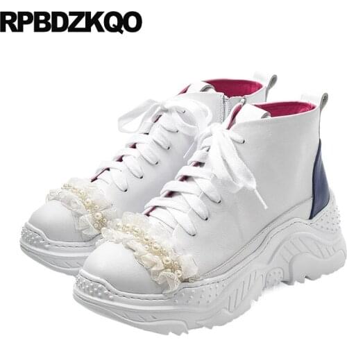 Pearl Sneakers Harajuku Muffin Booties Creepers Flatform Ladies Shoes Genuine Leather White Platform Boots Lace Short Round Toe