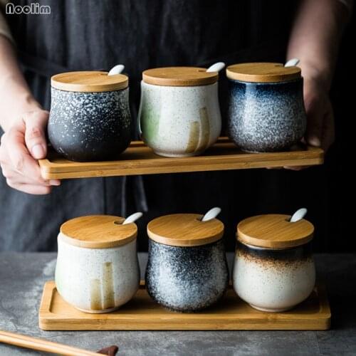 Nordic Oil Salt Cans Set Ceramic Seasoning Jar Household Kitchen Utensils Salt Sugar Container With Wood Tray Kitchen Supplies