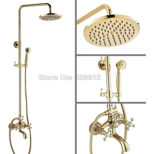 Gold Color Brass 8" Shower Head Rain Shower Faucet Set /Bathroom Dual Cross Handles Wall Mounted Bathtub Mixer Tap Wgf444
