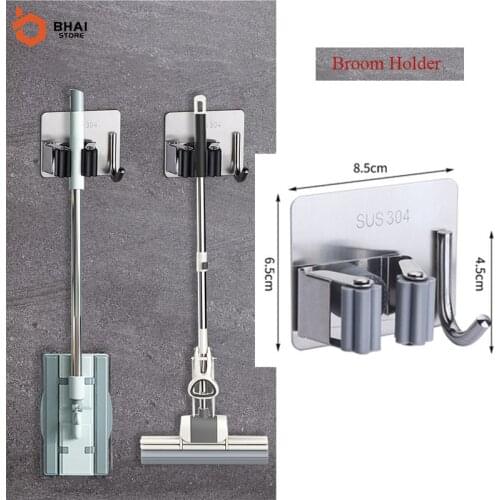 Broom Holder Wall Mounted Practical Clip Mop Organizer Hook Hanger Racks Kitchen Bathroom Organizer Suction Hanging Pipe