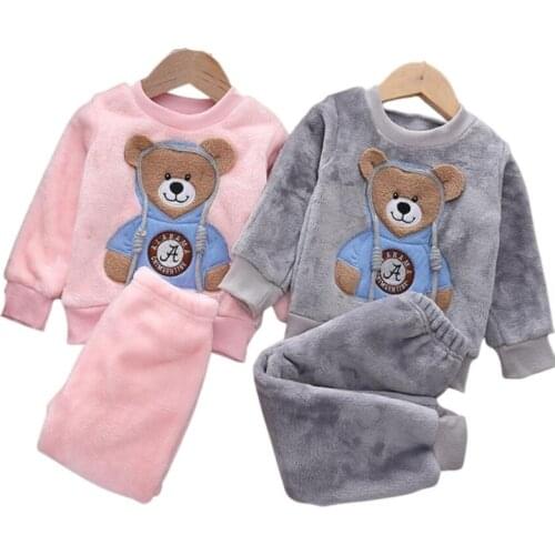 Baby Boy Girl Clothes Pajamas Set Thick Flannel Fleece Toddler Child Warm Catoon Bear Sleepwear Kids Home Suit Autumn/Winter