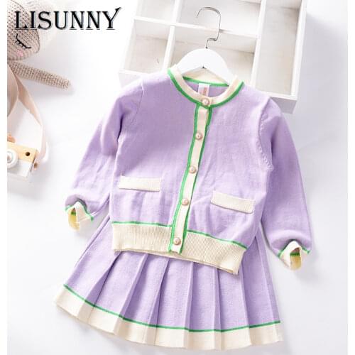 2021 Autumn New Kids Sweater Dress Girls o-neck Knitted Suit Children Knitted Cardigan Coat Skirt Spring College Style Set
