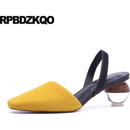 Ladies Chunky Shoes Famous Brand Low Heel Genuine Leather Slingback Perspex Yellow Closed Toe Designer Women Luxury 2018 Glass