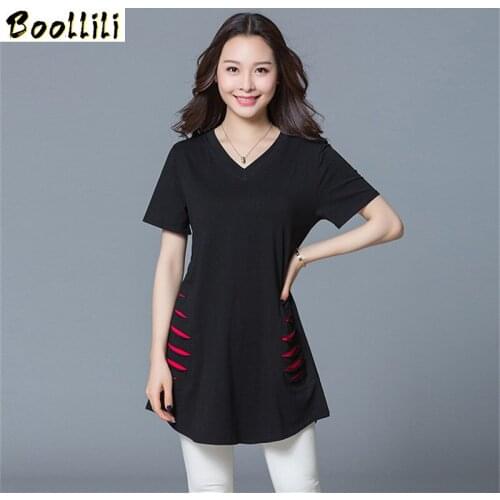 Boollili 2020 Summer Black T-shirt Women Casual V-Neck Top Tees Cotton Tshirt Female Short Sleeve Hole Plus Size T-shirts