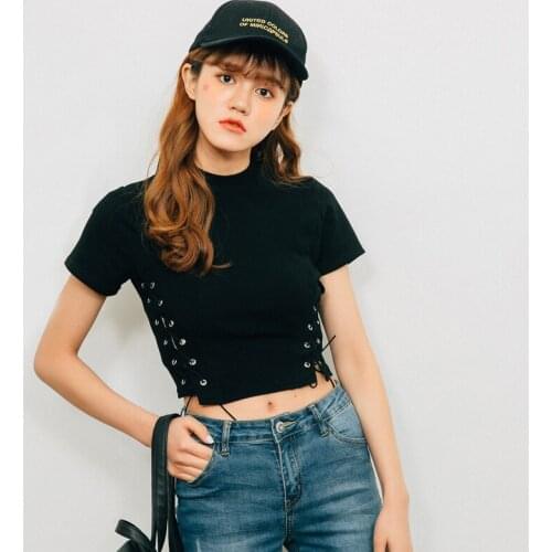 Women Turtleneck Knit Crop Tee with Lace Up Side Sexy Crop Tops