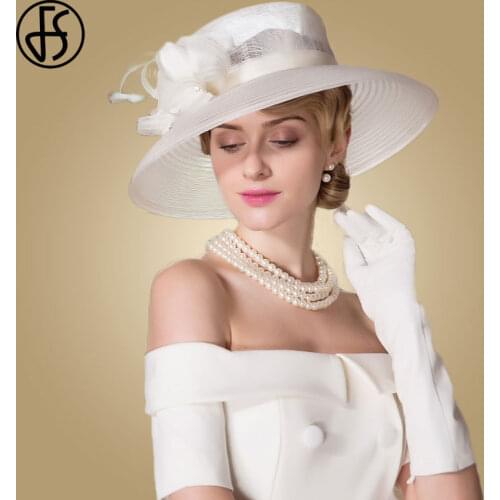FS Fascinators White Weddings Sinamay Hat For Women Summer Wide Brim Hats Fedora Vintage Ladies Church Dress Derby Hats