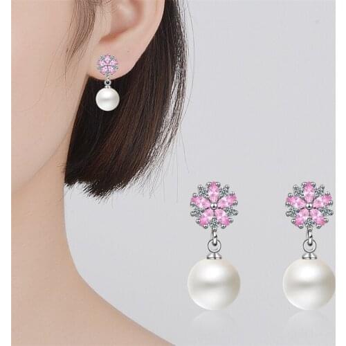 Trendy Cherry Flower Earrings Women Jewelry Pink Zircon Pearl Earring Silver 925 Lady Tassel Drop Accessories On Ear Female Gift